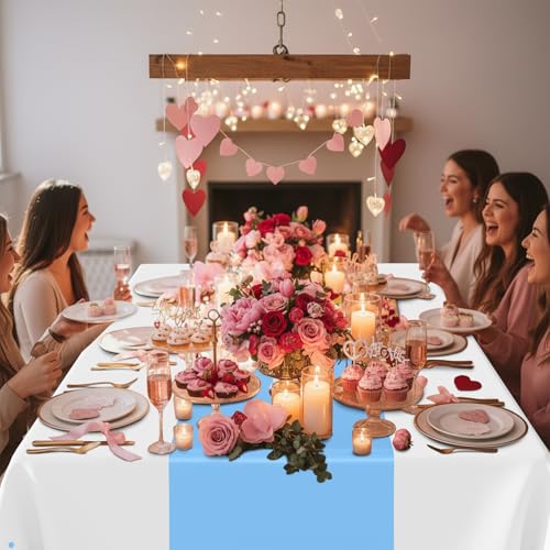 Image of Smiry Plastic Table Cloth Disposable 3 Pack, 54 x 108 Inch Rectangle Waterproof Tablecloth, Printed Gold Table Runner Style for Birthday Weeding, Party, Leakproof & Sturdy, White and Baby Blue