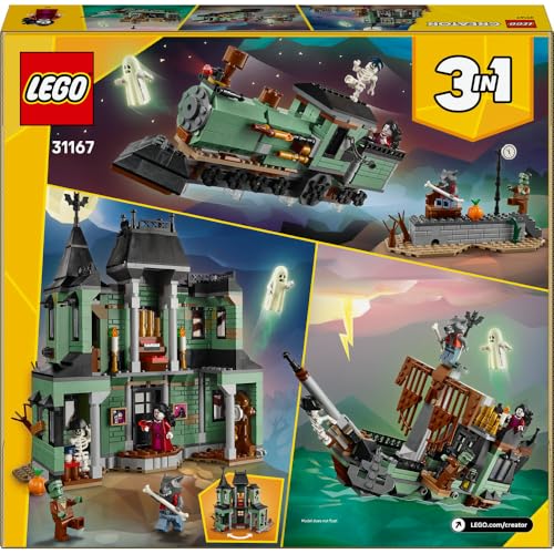 LEGO Creator 3-en-1 Le Manoir Hanté - Jouet Maison se Transformant en Set de Bateau ou de Train Hanté - Inclut 5 Minifigurines - Cadeau Original pour Garçon ou Fille dès 9 Ans 31167