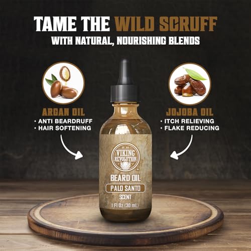 Image of Viking Revolution Beard Oil - Palo Santo - 1 fl oz | 100% Natural Ingredients - Formulated with Argan Oil & Jojoba Oil - Softens Rough Hair & Hydrates Skin - Palo Santo Scent