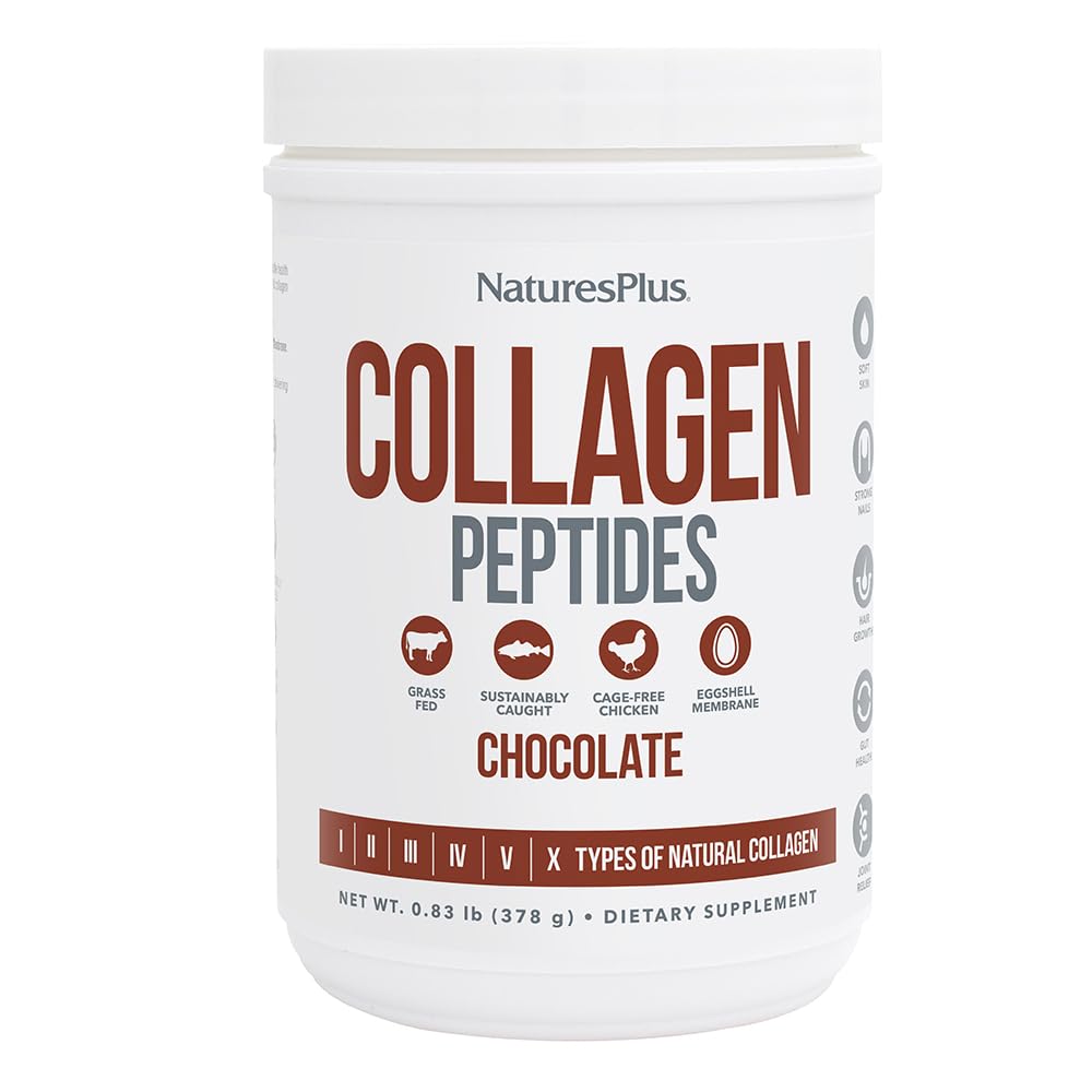 Natures Plus - Péptidos de colágeno, chocolate, 0.95 libras en polvo, salud del cabello, la piel, las uñas y las articulaciones, apoyo del sistema inmunológico, sin OMG, sin gluten, 14 porciones