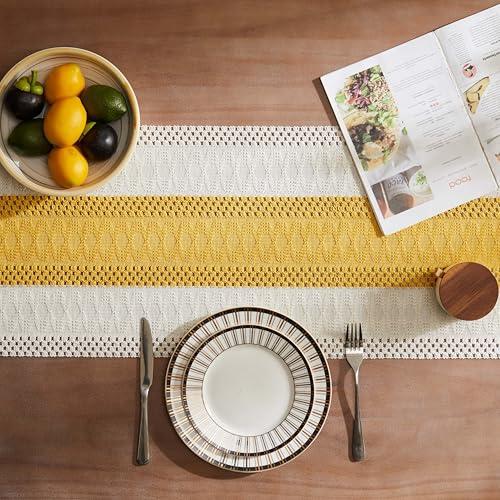 Image of ZeeMart Macrame Style Bicolor Stitching Table Runner, 14 x 60 Inch Mustard /Ivory, Boho Yellow Table Runners 60 Inches Long, Farmhouse Woven Home Decor