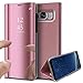 Produktbild KunyFond Überzug Spiegel Hülle für Samsung Galaxy Note 5 PU Leder Tache Brieftasche Schutzhülle Durchsichtig Clear View Handyhülle Ledertasche Flip Wallet Cover Standfunktion Schale Case (Roségold)
