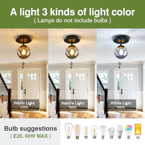 Image of Motion Sensor Light Indoor 1-Light Mini Glass Globe Ceiling Light Fixture Modern Black Semi Flush Mount Light for Hallway Entryway Porch Stairway Closet