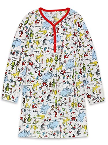 Dr. Seuss Womens Casual Henley - Long Sleeve Nightgown Sleep Dress Pajamas White