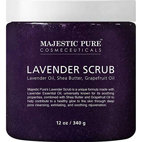 Lavender Oil Body Scrub Exfoliator with Shea Butter and Grapefruit Oil by Majestic Pure - Exfoliate & Moisturize Skin, Fights Acne - 12 oz