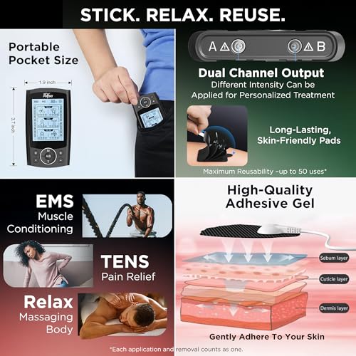 Image of Dr Physio USA 1040 Dual Channel TENS Massager for Pain Relief, Period Pain, Rechargeable Electrical Muscle Stimulation EMS Pulse Impulse Full Body Massager Machine with 10 Gel Pads, 24 Modes, 20 Intensity Levels