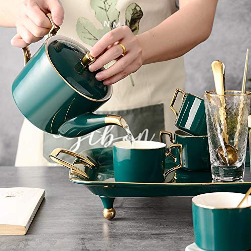NJBYX Juego de té de café de cerámica Nórdico Dibujo Oro Verde Cafetera Taza Jarra de leche Azúcar Bandeja Set de té de… - Imagen 6