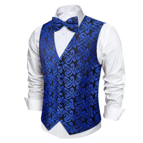 Image of DiBanGu Mens Paisley Suit Waistcoat,Silk Dress Vest and Bowtie Pocket Square Cufflinks with Lapel Pin Set for Wedding Tuxedo