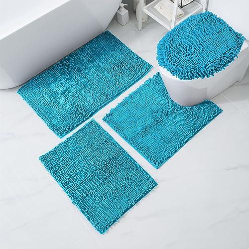 RUN HELIX Bathroom Rug Set Bathroom Rugs 4 Piece Bathroom Rugs Sets Super Soft Bathroom Set Non-Slip Bath Mat Set Water Absorbent Bath Mats for Bathroom with High Plush Easy to Clean - Lake Blue
