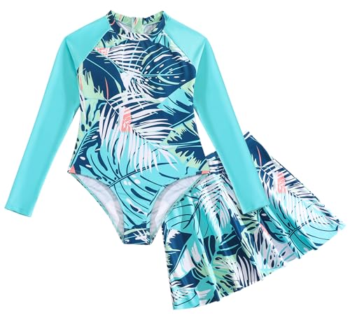 Image of SEAUR Girl's Two-Piece Long Sleeve Swimsuits UPF50+ Rash Guard Kids Bathing Suit Tankini Rash Guard with Skirt Blue 11 Years