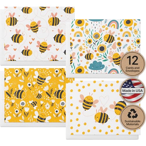Twigs Paper - Assorted Bumble Bee Greeting Cards - Stationery Cards with Envelopes - Thank You Card - Blank Note Cards - Greeting Cards for All Occasions - Made in USA (5.5 x 4.25, Set of 12)
