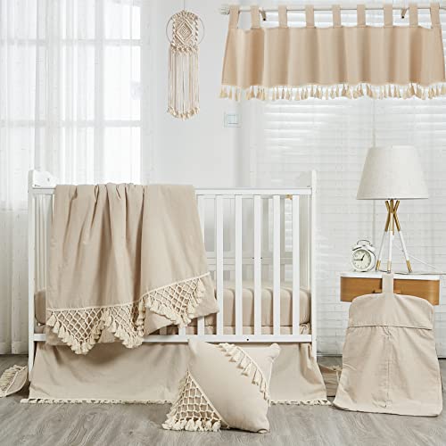 Image of Brandream Crib Bed Skirt for Baby Girls Boys Beige Boho Bohemian Solid Cotton Toddler Bedskirt Farmhouse Chic Ruffle Minimalist Tassel Fringe Macrame