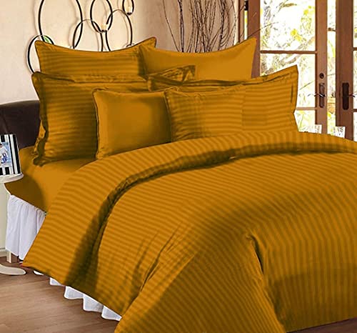 Image of Combo Pack of 2 Cotton Satin Stripes Plain Bedsheets for Double Bed with 4 Pillow Covers for Home, Hotels Rooms, Guest House (Color- Maroon & Yellow)