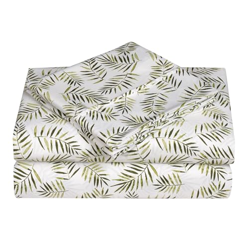 Image of Elegant Comfort Ultra-Soft Double Brushed 4-Piece Microfiber Sheet Set. Beautiful Tropical Patterns, and Vibrant Solid Colors, Luxury, All-Season Bed Sheet Set - Palm Leaves, Twin
