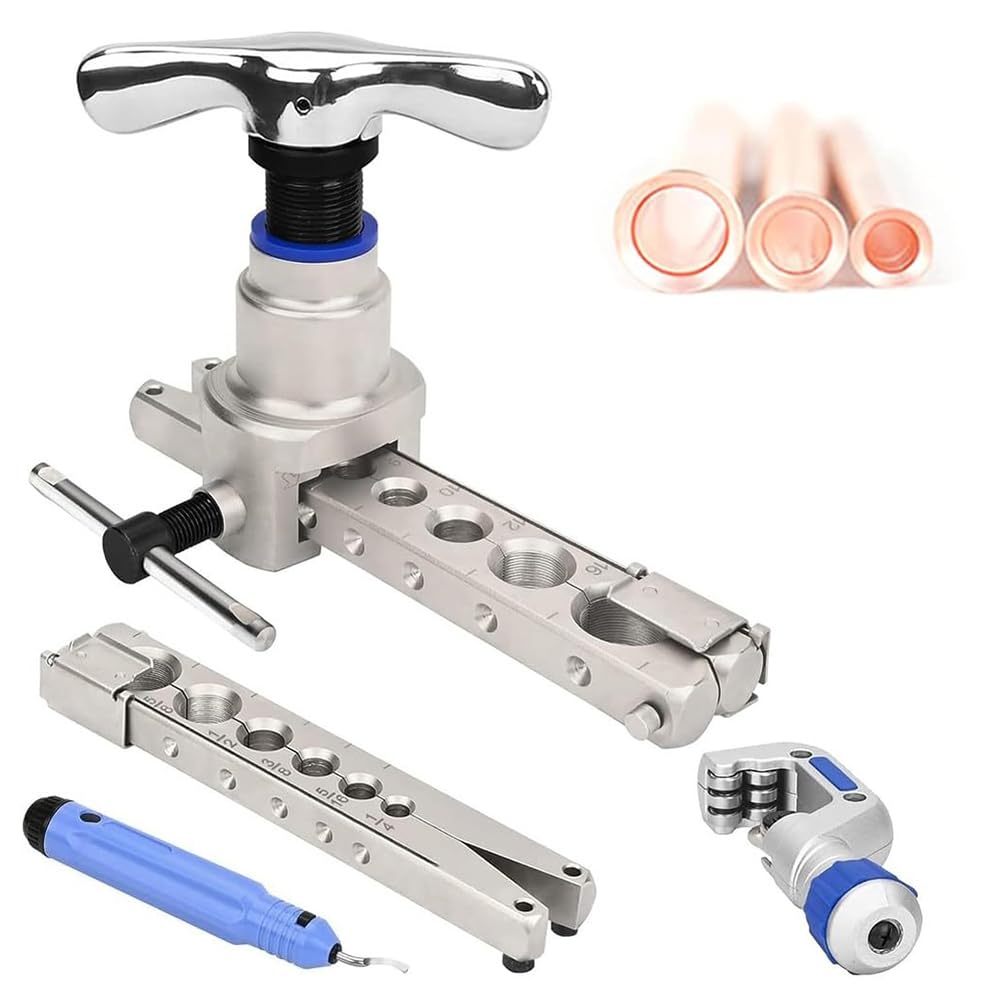 IUokLU Flaring Tool Kit, 45° Eccentric Tubing Flaring Tool Kit, for 1/4'' - 3/4'' and 6-19mm Single Flare, with Clutch, Pipe Cutter