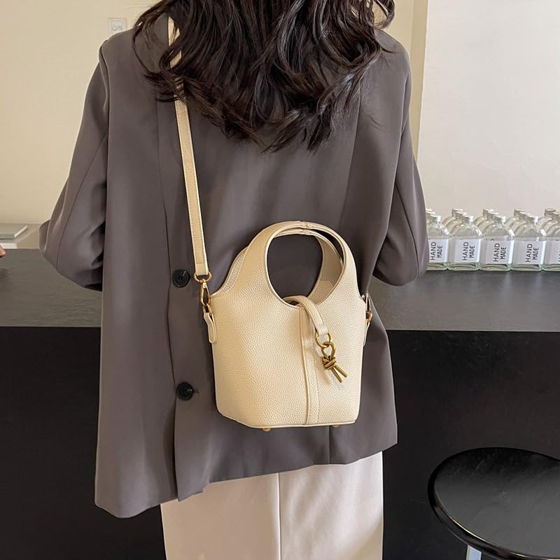Women Bucket Bags PU Leather Hobo Bag Fashion Shoulder Crossbody Vintage Tote Small Handabg Purse (Beige, W23*H15*D13 cm)2