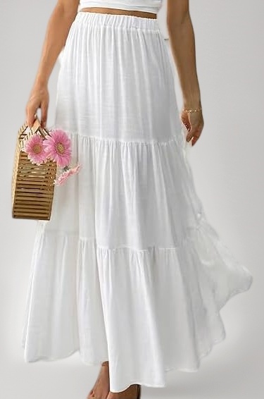 Women's Summer Ruffle Hem Maxi Skirt | High Waist Long Pleated Skirt | Plain A-Line Flowy Skirt for All Occasions | Soft Cotton Blend Fabric | Elegant Boho Style