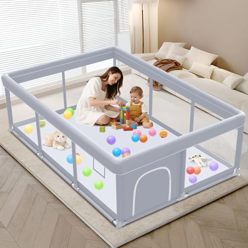 Image of XVISHX Baby Playpen 74 x 50 Inch Play Pen Playards, Playpen for Babies and Toddlers, Baby Playard for Indoor & Outdoor Active Center Game Fence, with Skin-Friendly Fabric and Soft Breathable Mesh Grey