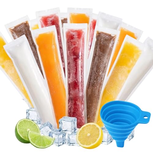 100 Pcs Ice Pop Bags Popsicle Bags with Funnel 5 X 28cm Freeze Pop Bags Reusable Ice Pop Sleeves with Zip Seal for Ice Cream Sticks Juice Yogurt Smoothie Popsicle