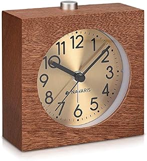Navaris Analogue Wooden Alarm Clock - Retro Table Clock with Square Design, Snooze Function, Alarm and Gold Face Light - Natural Wood in Dark Brown