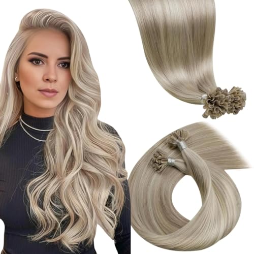 LaaVoo Extension Cheveux Naturel Keratine Blonde 50 Mèche 50g Extension Cheveux Humain Keratine a Chaud Blonde Cendrée Highlight Platine 35cm Courte Remy...