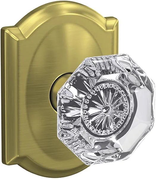 Schlage Custom FC172 ALX 608 CAM Alexandria Non-Turning Glass Knob with Camelot Trim, Satin Brass