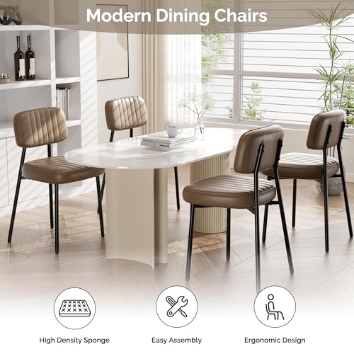 Image of Dining Chairs Set of 4, Modern Faux Leather Dining Chairs with Thick Cushions Seat Back and Metal Legs, Comfy Upholstered Kitchen Chairs for Dining Living Room (Brown)