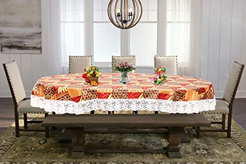 Image of The Furnishing Tree Waterproof PVC Oval Shaped 10 Seater Table Cover WxL 60x120 inches Surface Pattern Yellow with White Border lace