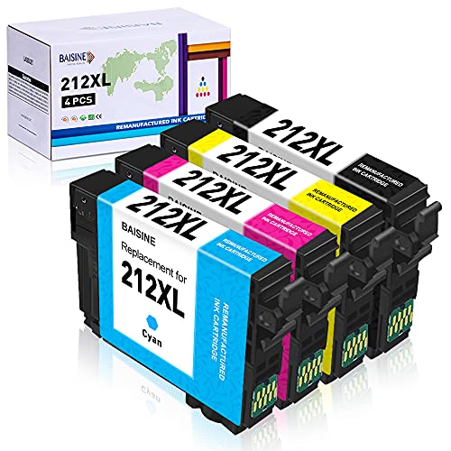 BAISINE Remanufactured 212XL Ink Cartridge Replacement for Epson 212 XL T212XL120 T212XL to use with XP-4100 XP-4105 Workforce WF-2830 WF-2850 (1 Black, 1 Cyan, Magenta, Yellow) 4Pack-BCMY Yellow