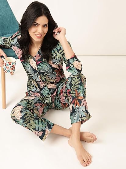 Image of STORIES OF BANNO'S SWAGGER Premium Poly Muslin Floral Co-Ord Set for Women | Soft Pajama Set | Elegant Printed Nightwear Lounge Outfit | Trendy Casual Wear Co-Ord Set