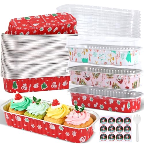 100Pack Mixcolor Christmas Mini Loaf Pans with Lids Mini Cake Pans with Lids and Spoons, 6.8Oz Aluminum Foil Pans Tins, Individual Dessert Cups Containers for Sales,Party,Picnics