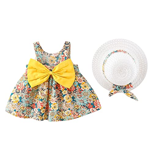 Baby Girl Summer Dress Floral Print Bowknot Backless Princess Birthday Party Dresses Toddler Sleeveless Flower Dress With Straw Hat Hawaiian Beach Boho Sundress Yellow-Colorful Flower 18-24 Months #TOP6