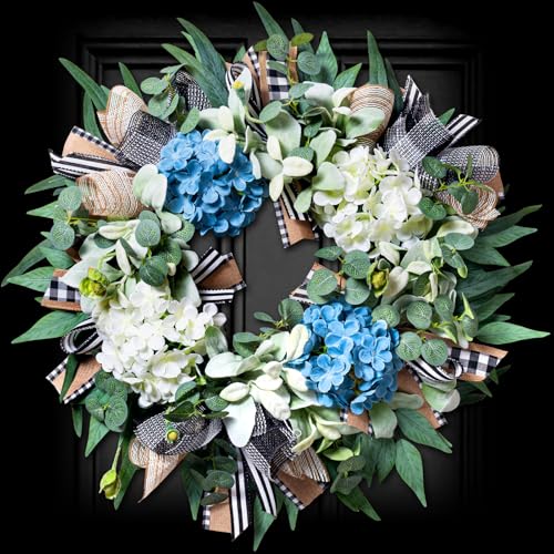 Hydrangea Wreath for Front Door Year Round, 20-22" Spring Summer Wreath with Buffalo Check Burlap Bow Eucalyptus, Handmade Decor Used for Door Porch Wall Farmhouse Holiday