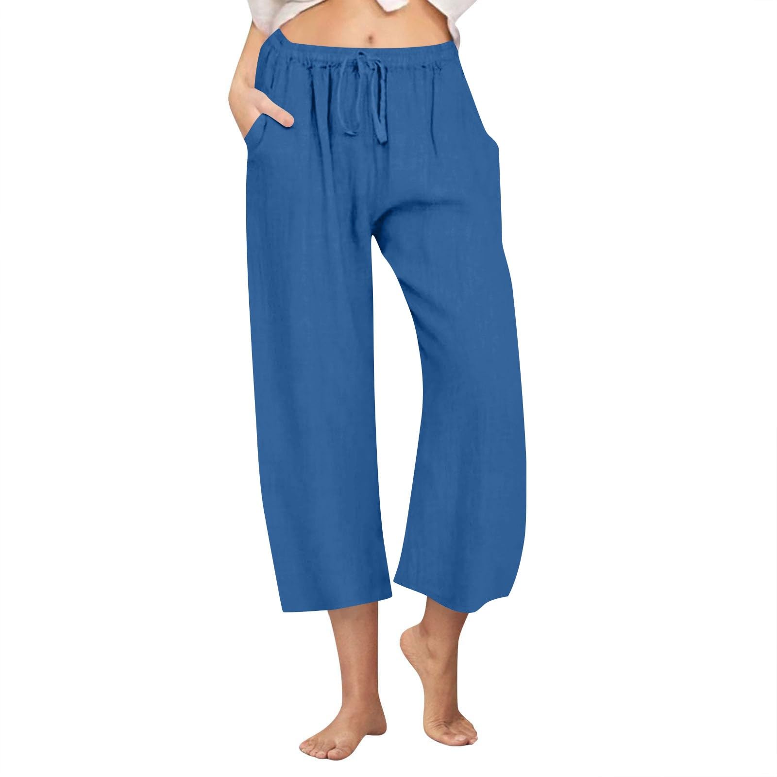 Linen Pants Women Wide Leg High Waist Cropped Trousers Casual Summer Baggy Capris with Pockets