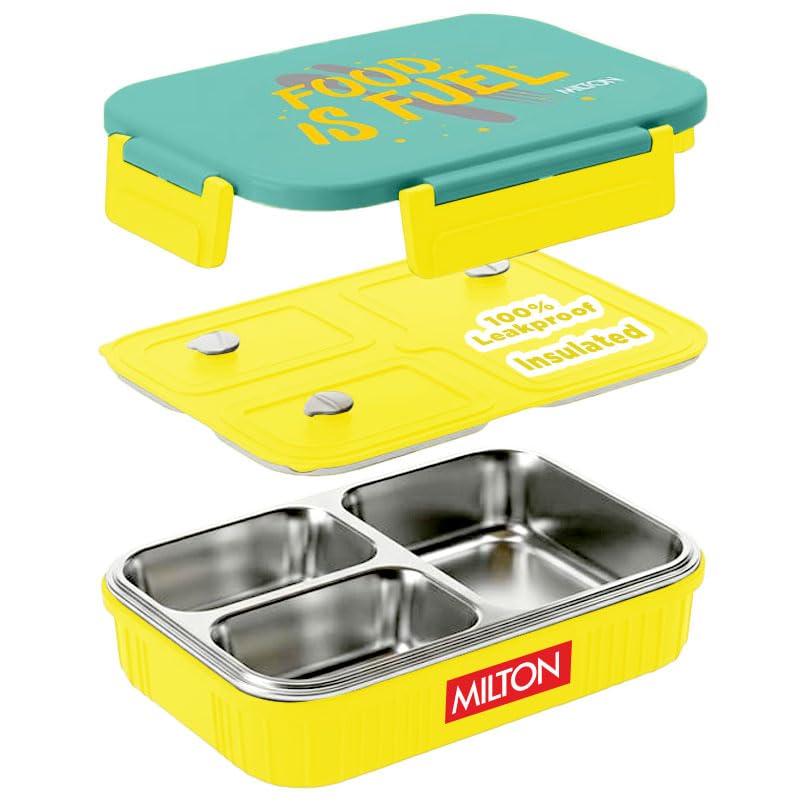 Image of MILTON Meal Safe 3 Inner Stainless Steel Tiffin Box for School with Steam Release Plug | PU Insulated, Leak-Proof, Food Grade I Lunch Box for Kids Boys, Girls with Snap Lock Lid, 630 ml, Yellow