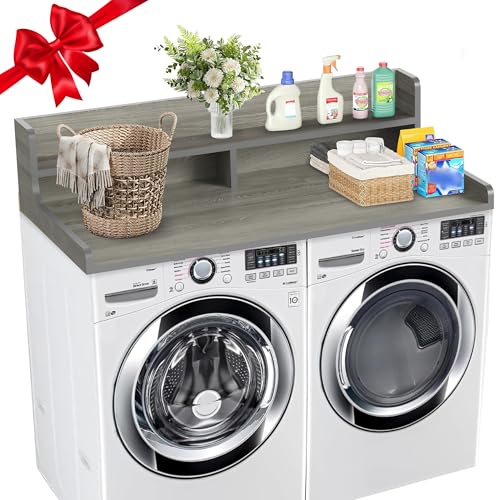 2-Tier Washer Dryer Countertop with 3' H Raised Edge, 54' W x 27.5' D Laundry Countertop Cover with Non-Slip Pad, Washer and Dryer Topper for All Front-loaded, Easy to Install(Gray)