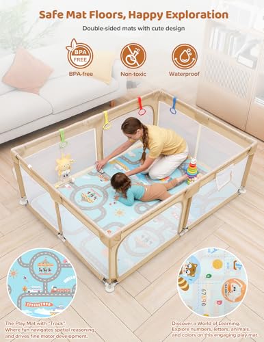 Image of Dripex Baby Playpen with Mat, 71 inchx47 inch Large Play Pen for Babies, Beige