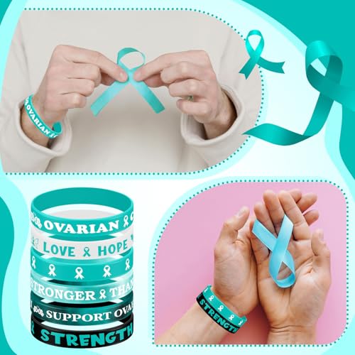 Image of Landical 300 Pcs Ovarian Cancer Awareness Silicone Bracelets Teal Ribbon Motivational Rubber Wristbands Colored Ovarian Cancer Awareness Wristbands for Event Support Charity Supplies Favor