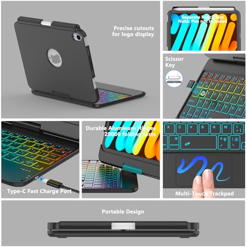 FUWANG Keyboard Case for iPad mini 7 A17 Pro (2024) & iPad mini 6th Generation (2021) 8.3-inch, 360° Swivel, Multi-Touch Trackpad, 7-Color Backlit, Keyboard Cover with Pencil Holder, Black by FUWANG - Image 6