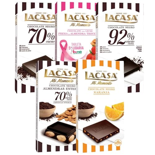 Pack Lacasa 5 deliciosas tabletas de chocolate de distintos sabores y tamaños: naranja , leche fresa y almendra ,negro ,cacao 92% , almendra 200g