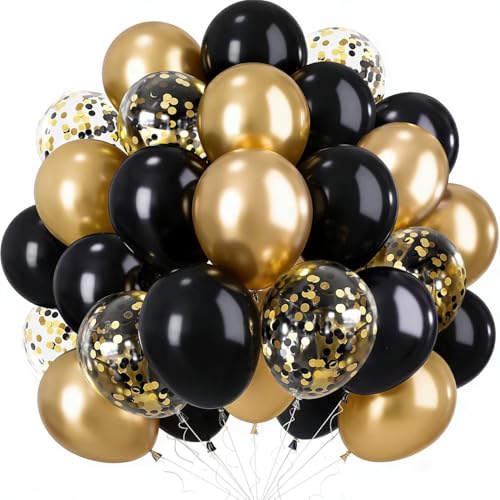 Balões de aniversário ouro e preto - 60 peças balões pretos e dourados com balão confete dourado, balões para festa de aniversário, casamento, aniversário, graduação, ano novo, reforma