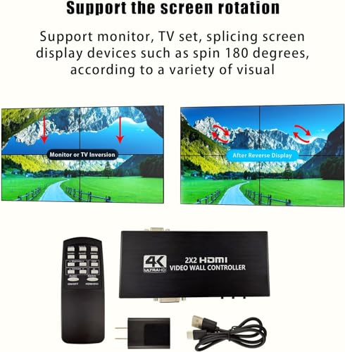 Image of MICROWARE 2x2 HDMI Video Wall Controller, 1080P@60Hz HD-MI DVI TV Wall Processor with Audio Out, 4K HDTV Video Image Processor with RS232, Support 180 Rotate, 2x2 1x2 1x3 1x4 2X1 3x1 4x1
