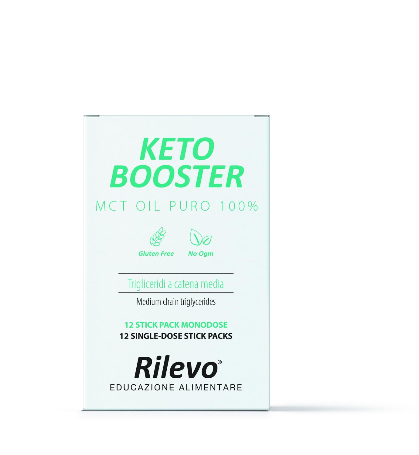 Keto Booster, MCT Oil Puro 100%, 12 Stick Pack Monodose da 5 ml, Trigliceridi a Catena Media, Senza Glutine