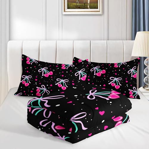 Image of AILONEN Pink Heart Cherry Comforter Full 3 Piece Black Coquette Aesthetic Bedding Set Girly Ribbon Bowknot Quilt Microfiber Y2K Room Decor Lightweight Breathable Pack Includes 2 Pillowcases