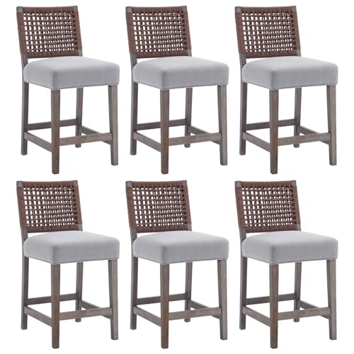 27 Farmhouse Counter Height Bar Stools Set of 6 for Kitchen Island Midcentury Linen Upholstered Stool Chairs with Woven Backrest and Wood Legs for Home BarDining CounterPatio Grey