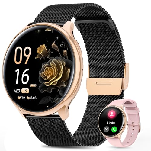 RifePhi Reloj Inteligente Mujer con Llamadas Bluetooth, 1.39'' Smartwatch, 100+ Modos Deportivos, 24H Pulsometro/SpO2/Monitor de Sueño/Podómetr/Calorías, Whatsapp Mensaje Android & iOS (Oro Negro)
