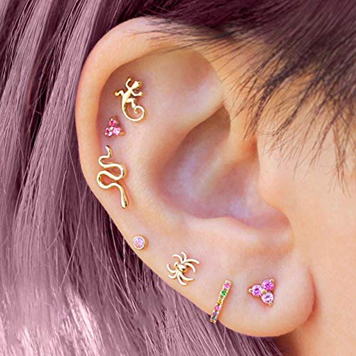 Delicate Spider Cartilage Small Stud Earrings for Women Minimalist Punk 925 Sterling Silver Gold Plated 20G Screw Back Helix Tragus Sensitive Ears Halloween Piercing Studs Cute Animals Hypoallergenic Fashion Jewelry Gift3