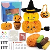 Häkelset für Anfänger, Crochet Set, Halloween Kürbis Crochet Set, Häkeln für Anfänger, Wolle zum Häkeln, Wolle zum Stricken für DIY-Handarbeiten mit Häkelnadeln, Häkelset mit Tutorial und Anleitung