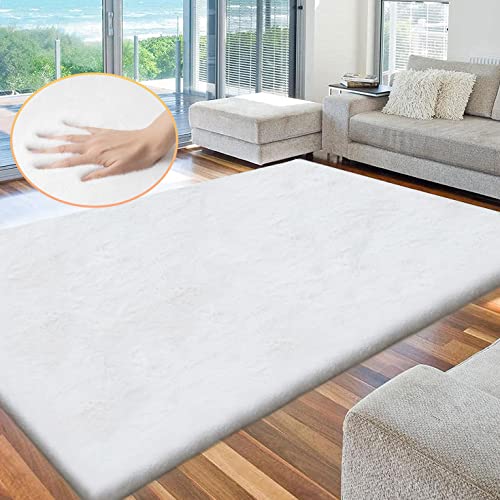 White Fluffy Living Room Rugs 6x9 Area Rug Washable Shag Rugs for Bedroom Faux Rabbit Fur Nursery Rug Rectangle Rug