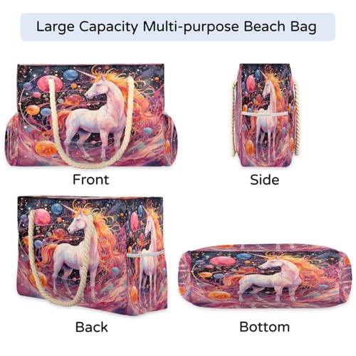 Unicorn Planet Colorful Women's Large Beach Bag Waterproof and Sand-proof Canvas Tote Lightweight Shoulder Bag Suitable for Pool Beach Travel Holiday Gym Yoga Care4